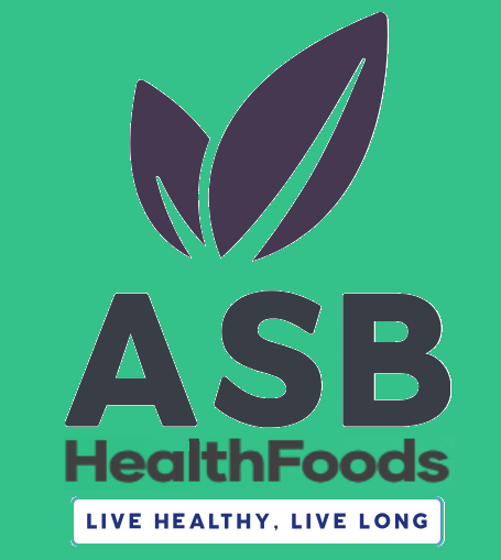 ASB HealthFoods logo - Green background with two leaves above the text line with tagline live health live long